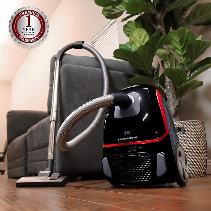 OVENTE Canister Upright Vacuum Cleaner with 1400W Powerful Suction, Telescoping Wand and Automatic Cord Rewind, Lightweight Cleaning Machine for Hard Floors and Carpets, Black ST1600B