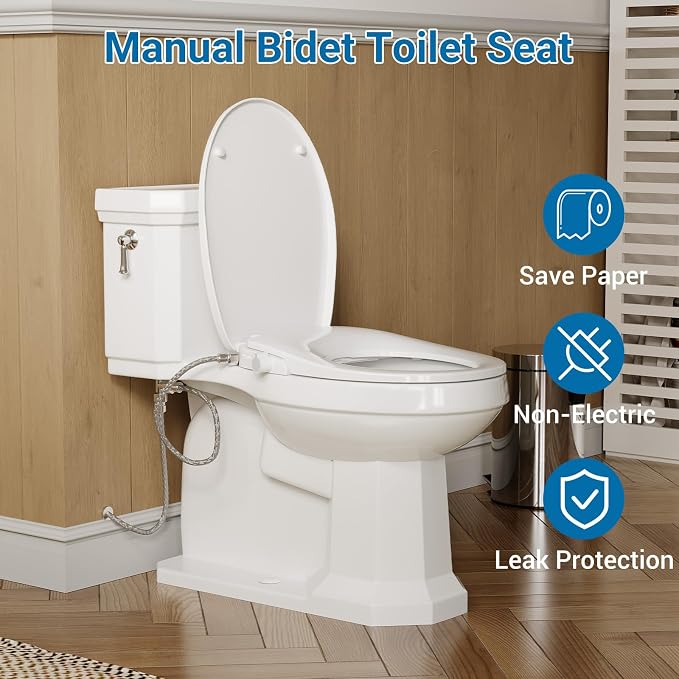 Non-Electric Bidet Toilet Seat, Self-Cleaning Dual Nozzles, Soft-Close Lid, Easy-Install Round White Attachment