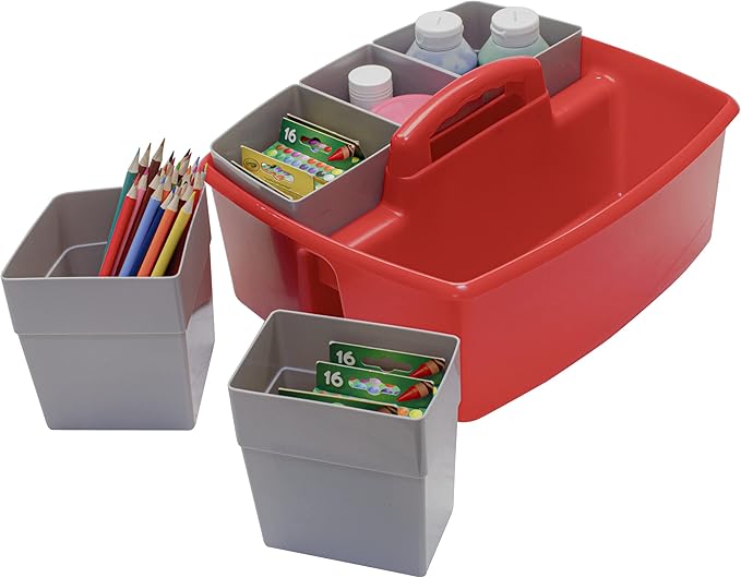 Storex Large Classroom Caddy with Cups, 13 x 11 x 6.575 Inches, Red, Case of 2 (00981U02C)