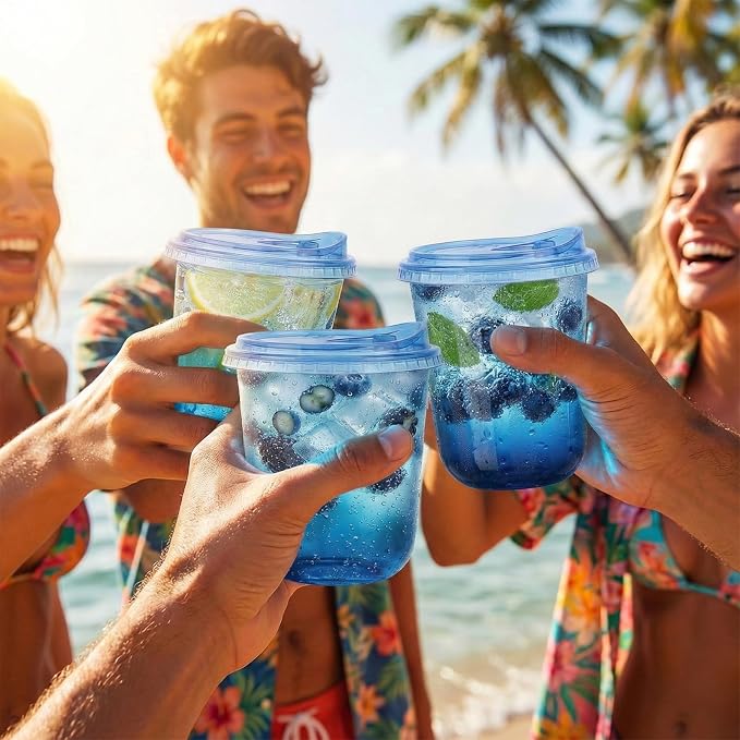 12oz Disposable Stemless Glasses With Strawless Sip Lids,PET Disposable Drinking Cups,Clear Plastic Wine Glasses for Parties Birthday,Wedding,Meeting,Christmas Party Supplies. (50, Blue)