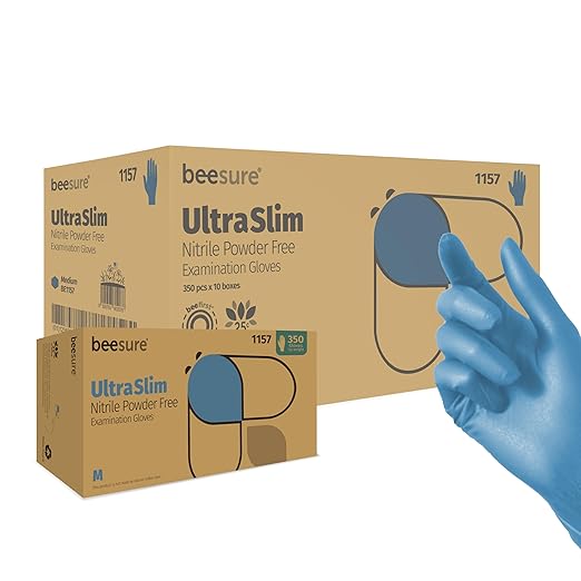 BeeSure UltraSlim Blue Nitrile Powder-Free Exam Gloves, Pack of 3500, Medium, 2.0 Mil