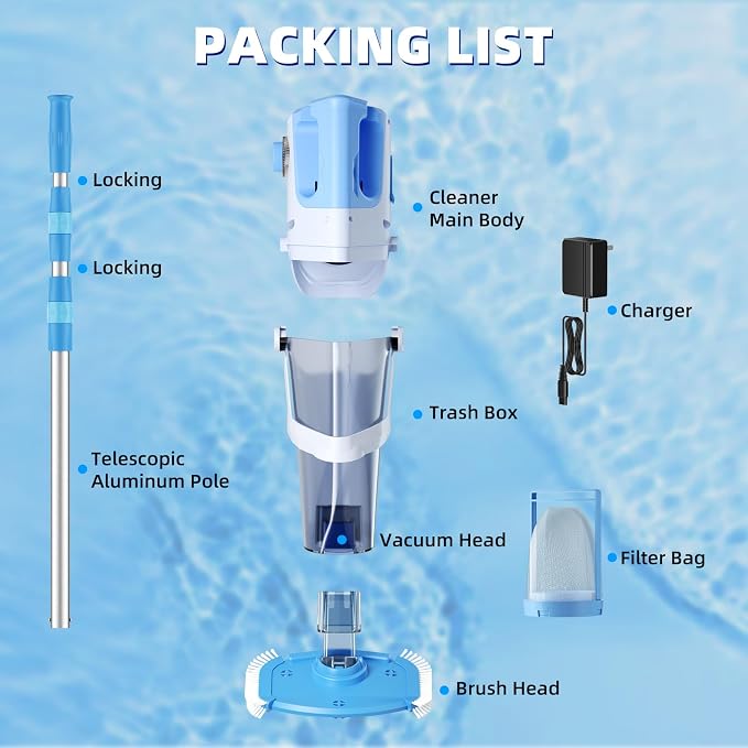 Cordless Pool Vacuum, 1950 GPH Powerful Suction, Handheld Pool Cleaner with Telescopic Pole, 60 Min Runtime, 2L Large Capacity, Rechargeable for Above Ground & Inground Pools, Spas & Hot Tubs