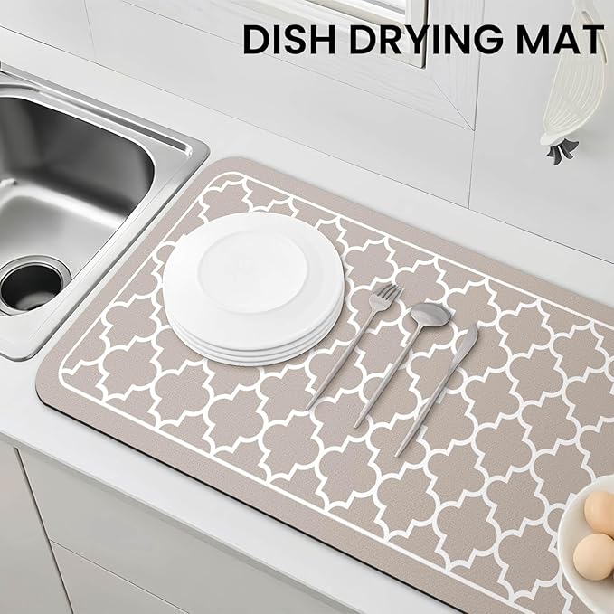 WISELIFE Dish Drying Mat Super Absorbent Drying Mat Large Dish Drying Mats for Kitchen Counter Easy Clean Dish Mat Kitchen Drying Mat18"x 32" Stylish Khaki