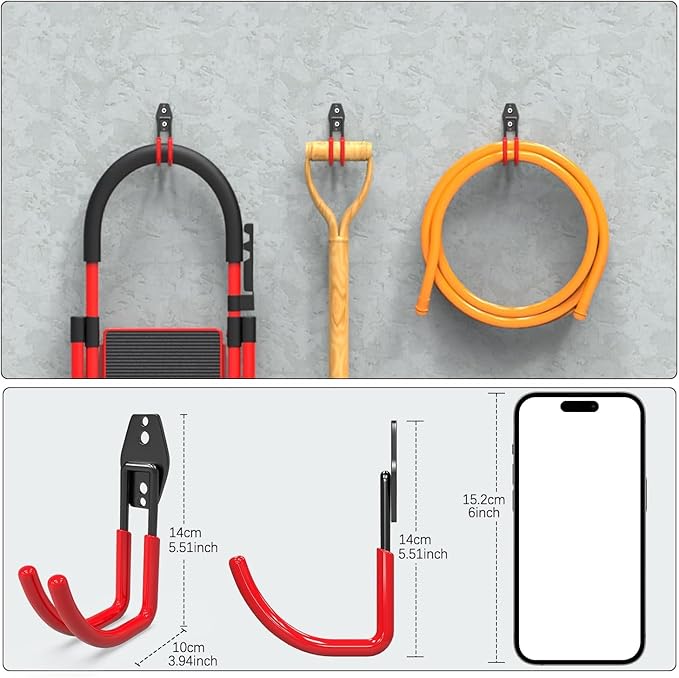 3-H Garage Wall Hooks 10 Pack,Garage Hooks Heavy Duty,Garage Storage Hooks for Hanging and Organizing Garden,Lawn,Yard Tools,Chairs,Ladders,Weed Eater,Shovel,Blower(Red)