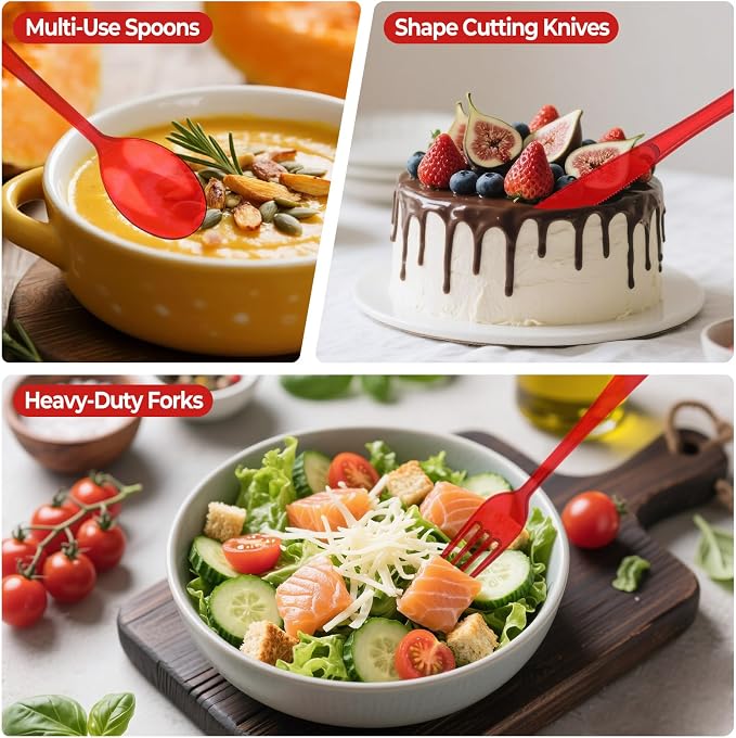 75 PCS Plastic Silverware Disposable Silverware Heavy Duty Utensil Sets 25 Of Each Forks Knives & Spoons Disposable Cutlery Set For Easter,Birthday,Baby Shower,Garden Party,Wedding(75,Red)