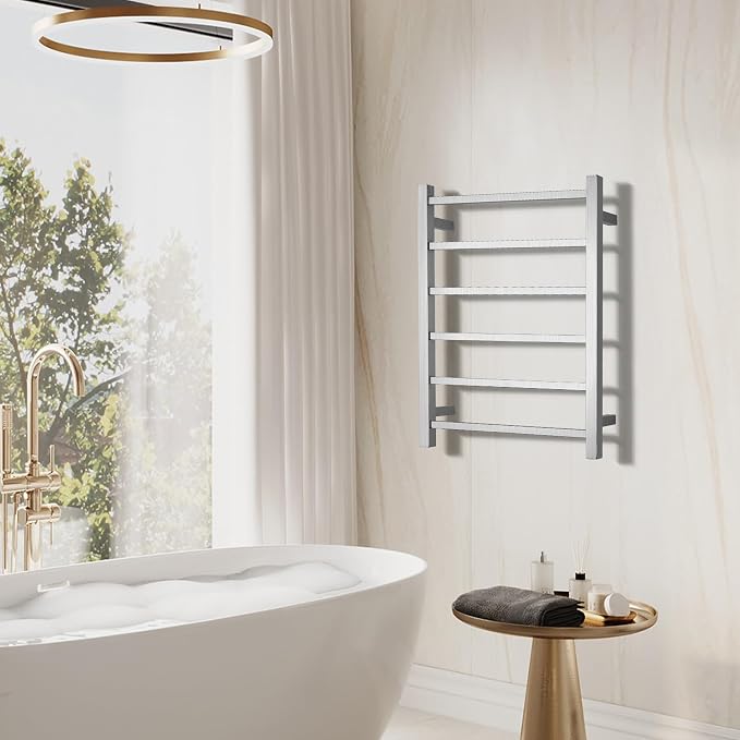 Electric Heated Towel Warmer - Wall Mounted Bathroom Towel Rack, Plug-in Design & Brushed Stainless Steel 6 Bar Brushed with Single Press