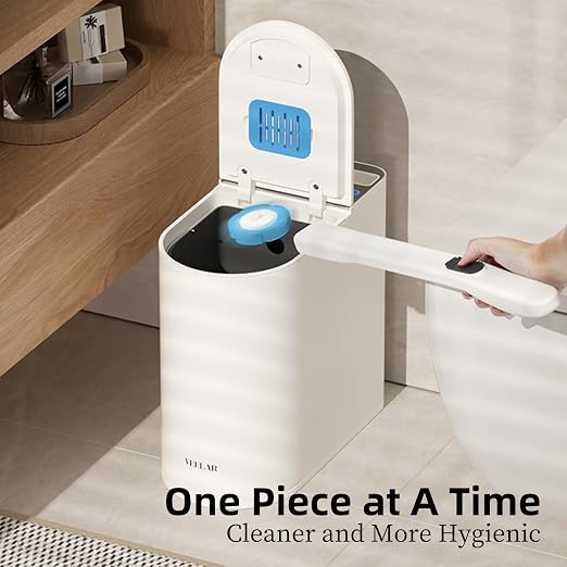 Bathroom Trash Can with Lid - Motion Sensor Smart Garbage Bin with Toilet Brush, 2 Gallon / 7L Small Automatic Trash Can, Odor-Control for Bathroom (White)