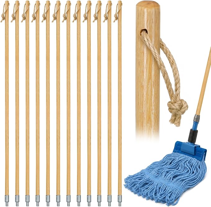 KalTell 12PK Wooden Broom Handle 55”, Heavy Duty American Threaded Metal Tips Fits Most Push Brooms, Commercial Mops