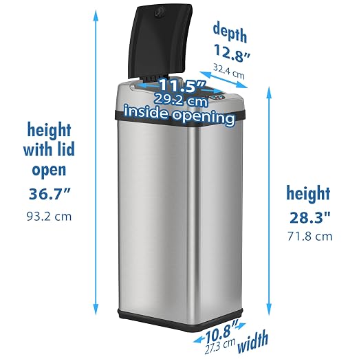 iTouchless Touchless Trash Can with AC Adapter and 10 Premium Bags, Odor Control System, Big Lid Opening Sensor Kitchen Garbage Bin, 13 Gallon, Stainless Steel, Platinum