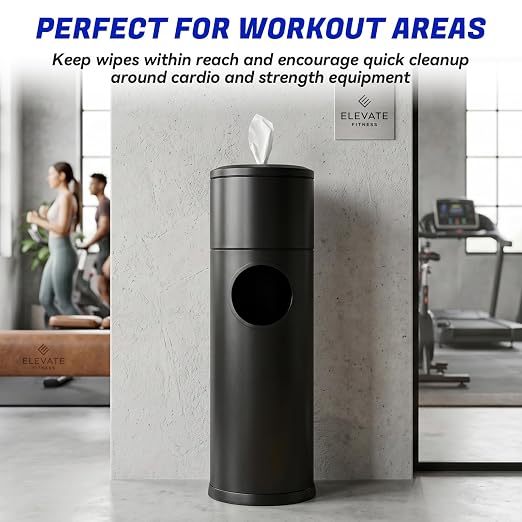 Gym Wipe Dispenser with Trash Can, Stainless Steel Floor Stand for Disinfecting and Fitness Wipes, 1.5 Gallon, Silver