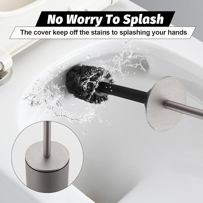 BGL Toilet Brush with Holder Set Brushed Nickel Aluminium Standing for Bathroom Toilet Bowl Cleaner Brush and Holder Set, Round Design
