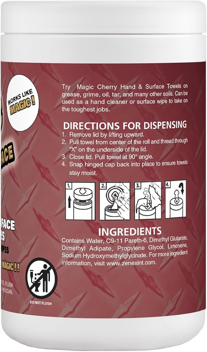 Magic Cherry Scented Heavy Duty Cleaning Wipes - Single Sided Hand & Surface Shop Towels | Professional-grade Cleaning | Waterless | Cleans Grease, Oil, Dirt, & more (6 Pack | 540 Sheets Total)