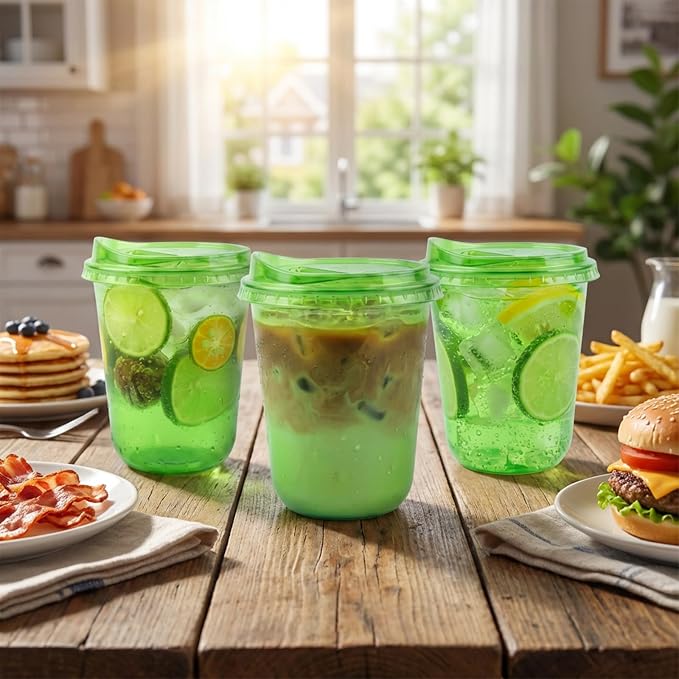 12oz Disposable Stemless Glasses With Strawless Sip Lids,PET Disposable Drinking Cups,Clear Plastic Wine Glasses for Parties Birthday,Wedding,Meeting,Christmas Party Supplies. (50, Green)