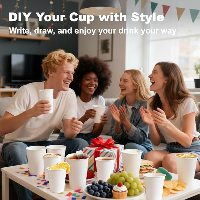100 Count 8 oz Coffee Cups, Leak-Free Food Safe Paper Cups 8 oz, Disposable White Paper Cups for Cold and Hot
