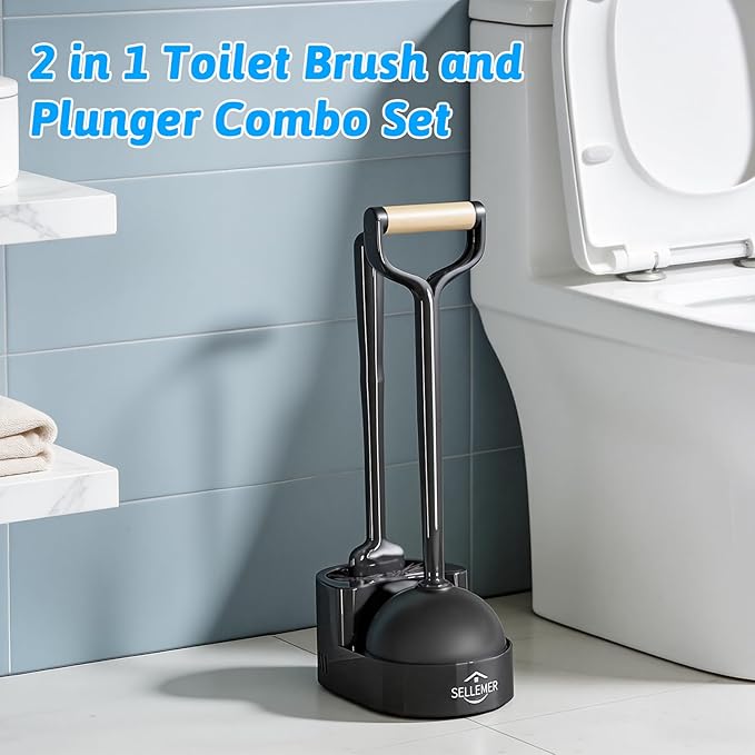 Sellemer Toilet Brush and Plunger Set, Curved Design Head for Deep Cleaning, Heavy Duty Toilet Bowl Brush and Plunger Combo with Holder for Bathroom Cleaning, Black, 2 Pack