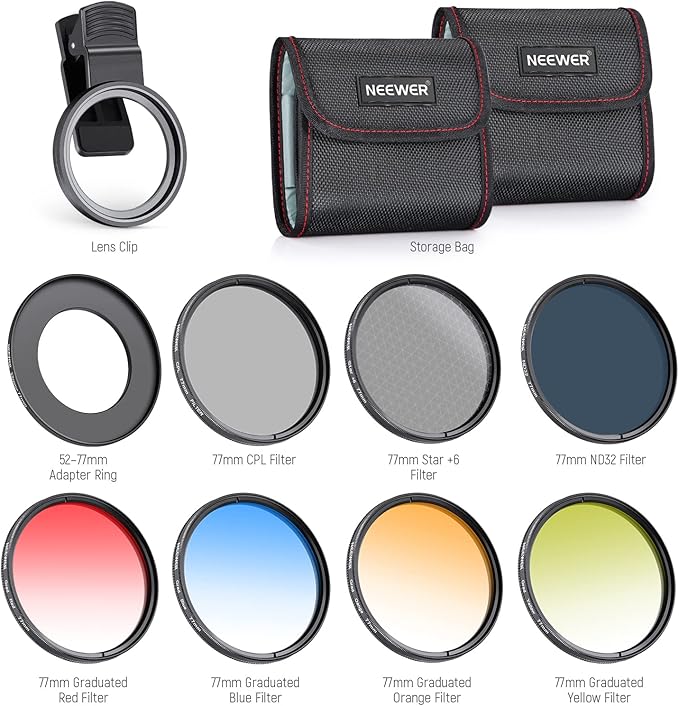 NEEWER 77mm Lens Filter Kit with Phone Lens Clip, CPL + ND32 + Star + 4 Graduated Color Filter Compatible with iPhone 17 16 16e 15 14 Pro Max Canon Nikon Sony Camera