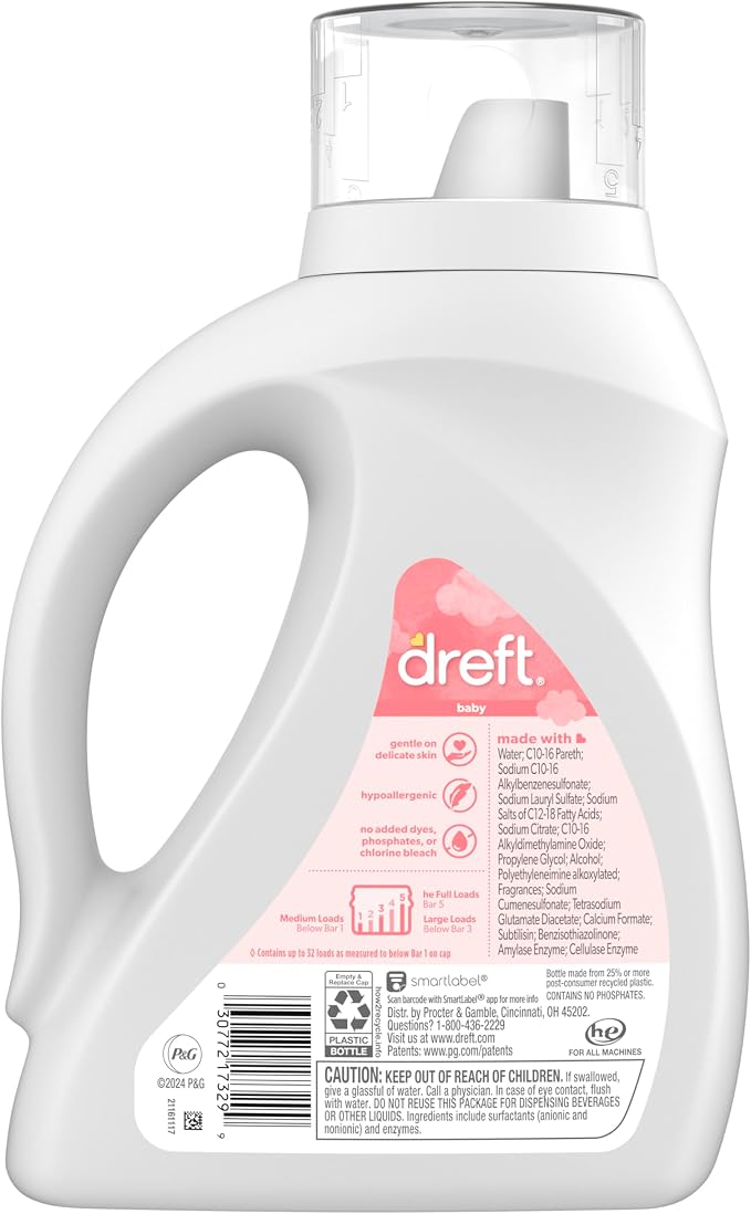 Dreft Baby Liquid Laundry Detergent, Gentle on Sensitive Skin Laundry Soap, 42 fl oz, 32 Loads (Packaging May Vary)