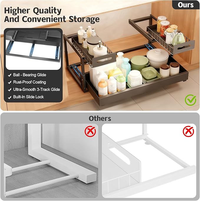 Expandable under cabinet organizer, 2-Tier under sink organizer with Reinforced Ball-Bearing slide rail, Slide-Out sink Shelf Height Adjustable, Durable and rust-proof for Kitchen & Bathroom