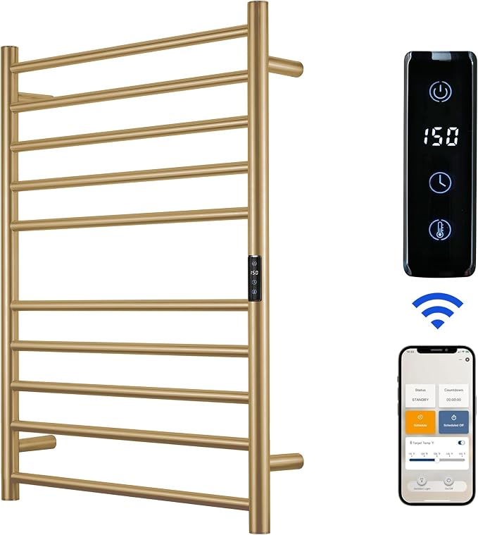 Electric Towel Rack with Voice Control for Alexa & Google Home,TUYA-Wall-Mounted Bathroom Heating Towel Warmer,Stainless Steel Material,31.5x20.08x4.41in,Plug-in,Gold,10 Bars