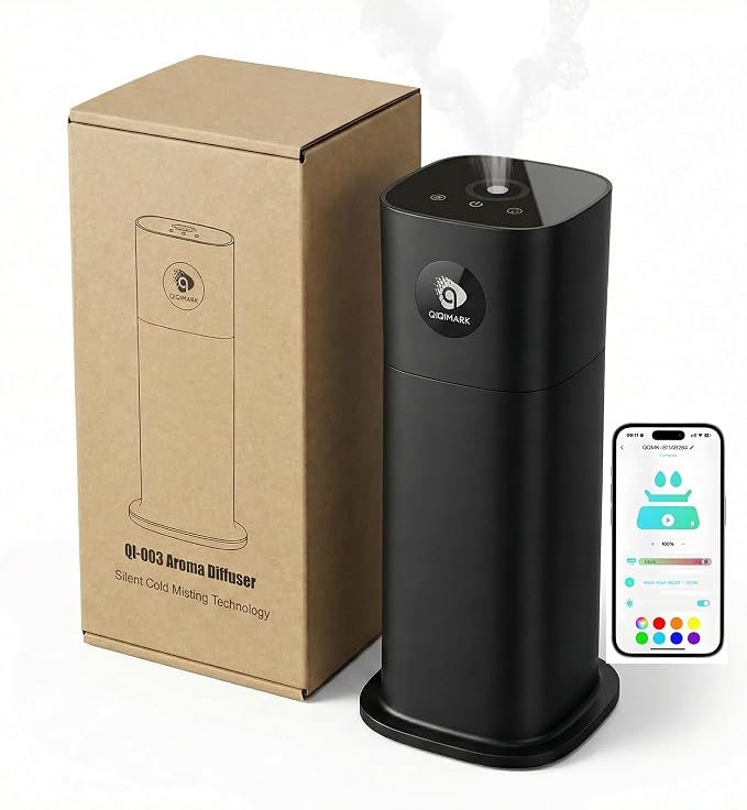 Hotel Waterless Diffuser with App Control, 700ml Capacity, Dual Atomizing Cores, RGB Night Light, Includes 4x50ml Essential Oils