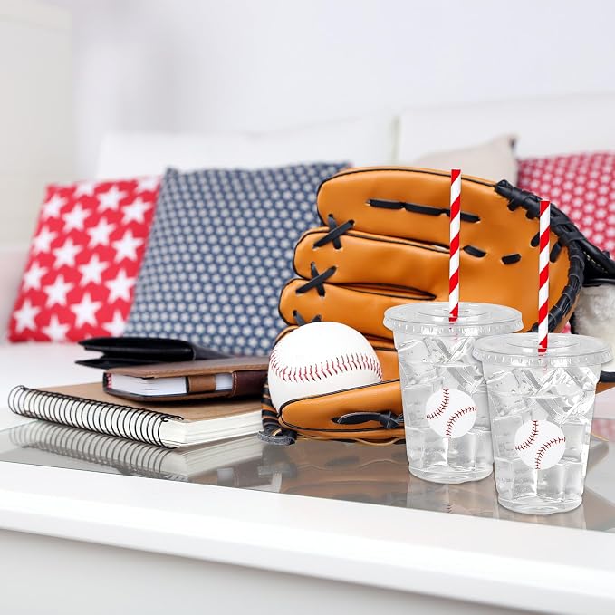 Whaline 50 Pcs Baseball Disposable Plastic Cups with Lids and Straws Red White Ball Cold Beverage Drinking Cups for Sports Theme Baseball Game Party Supplies