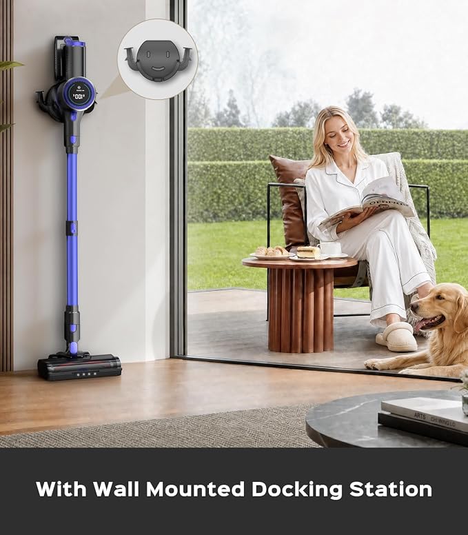 Cordless Vacuum Cleaner, 550W 50KPa 45Mins Vacuum Cleaners for Home, Self-Standing Stick Vacuum with Anti-Tangle Brush & LED Display for Hardwood Floors, Carpet, Pet Hair, Car