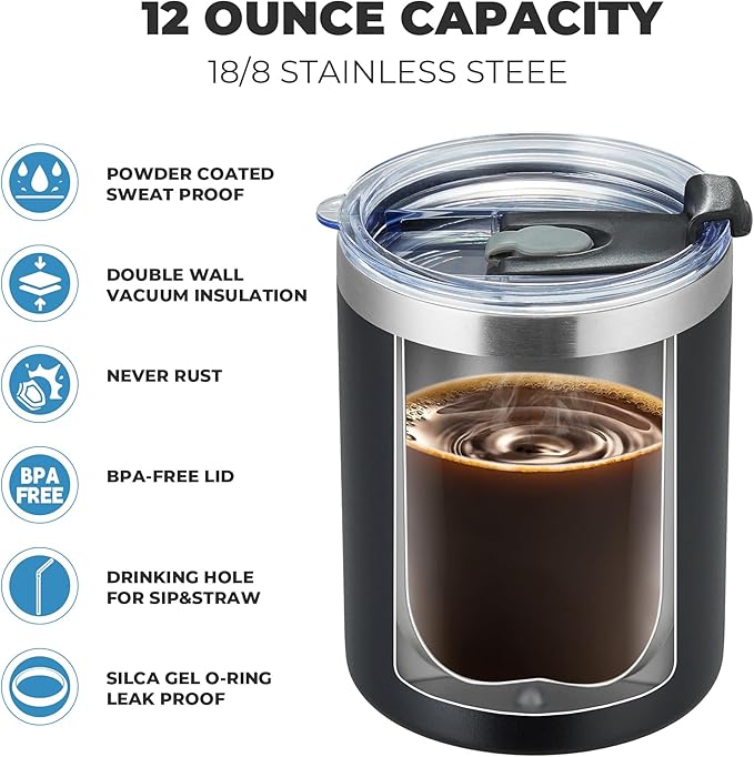 MEWAY 12 oz Lowball, Tumbler Stainless Steel Double Wall Vacuum Insulated Mug with Straw and Lid, Cleaning Brush ,Durable Powder Coated Insulated Coffee Cup for Cold & Hot Drinks (Black,4 pack)