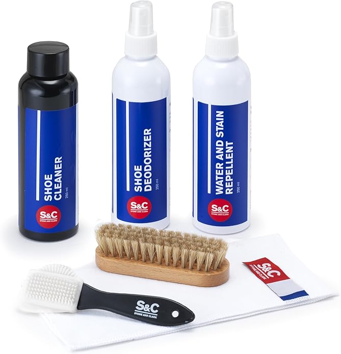 Stone and Clark Sneaker Cleaning Kit - Advanced Solution for Sneakers, Shoes, Ideal for Leather, Suede, Nubuck - Includes 8.5oz Cleaner, Deodorizer, Protector, Brushes & Microfiber Towel