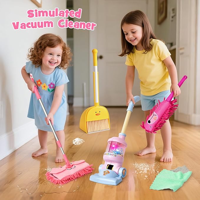 TUZT Kids Cleaning Toys Playset for Ages 2-4, Compact 6-Piece Pretend Vacuum with Light & Sound (No Suction), Animal Broom Mop Set for Toddlers, Apartment-Friendly Educational Role Play Gift