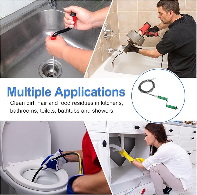 HARFINGTON Plumbing Drain Auger 3/8" (10mm) Dia. 13.1ft Manual Toilet Snake Flexible Drain Cleaner Tool with Drill Connector Spring Unclog Hair for Bathroom Kitchen Toilet Bathtub Sewer Sink