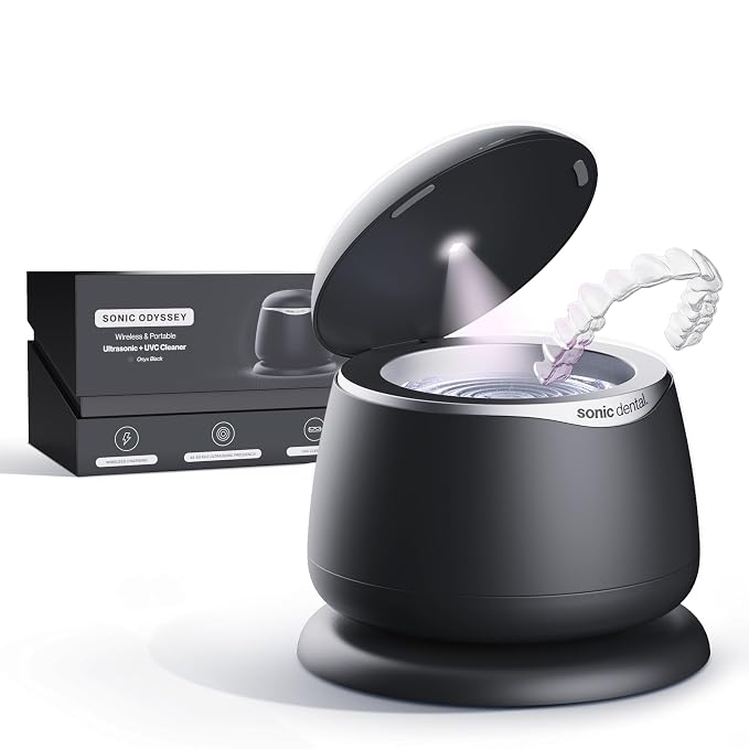 Sonic Odyssey Portable & Wireless Ultrasonic Cleaner for Aligners Retainers Dentures & Mouthguards, Multi-Frequency Clean 45–50 kHz, 3 & 5 Minute Cycles, For Oral Dental Care (Onyx Black)