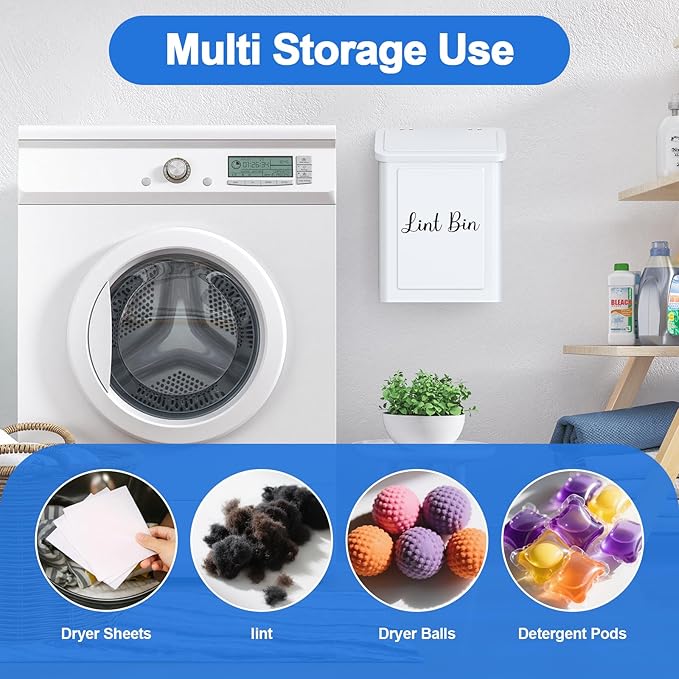 Magnetic Lint Bin for Laundry Room, Wall Mounted Metal Lint Box Holder Trash Can with Lid for Dryer, Lint Basket for Laundry Room Organization, White
