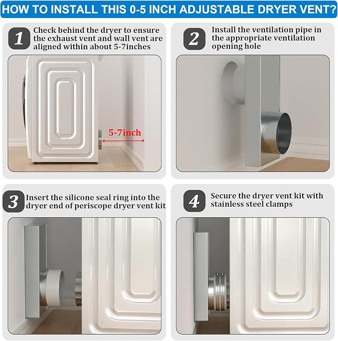 Upgraded 84049 Stainless Steel Periscope Dryer Vent, 0-5" Telescoping Adjustable Dryer Vent Connector Kit, Space-Saving Close-to-Wall Short Small Dryer Replacement Vents,Anti-Leakage Seal Ring & Clamp