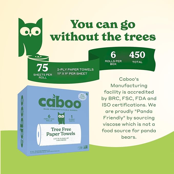 Caboo Tree Free Paper Towels, 6 Rolls, Plastic Free & Eco Friendly, Earth Friendly, Sustainable Kitchen Paper Towels with Strong 2 Ply Sheets