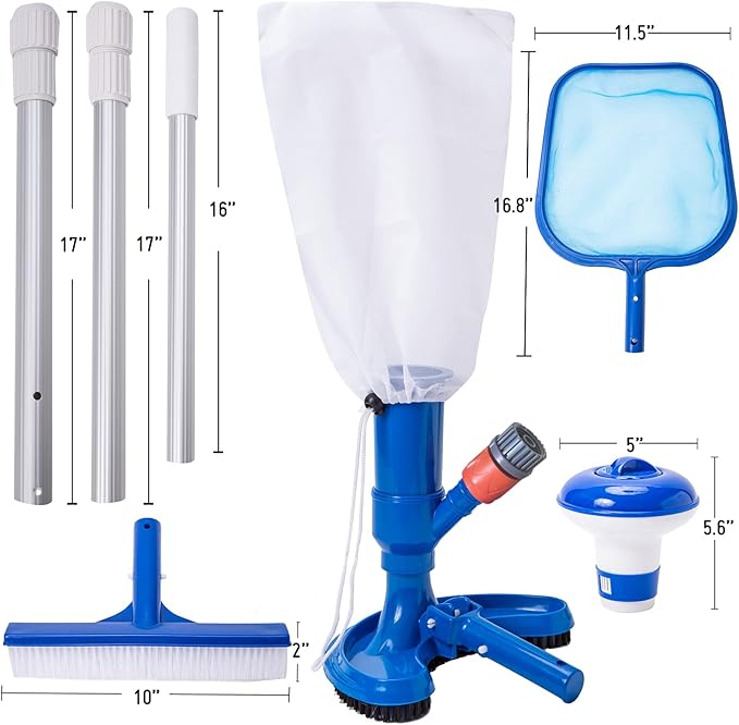 Portable Handheld Pool Vacuum with 3 - Section Pole Pool Maintenance Set Ideal for Cleaning Above Ground,Inflatable Pools spa hot tub Includes Pool Brush Pool Skimmer net Pool Chlorine Floater