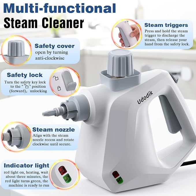 Handheld Steam Cleaner, versatile and portable design, comes with a safety lock and a 10-piece accessory set to easily remove dirt and grease (white).
