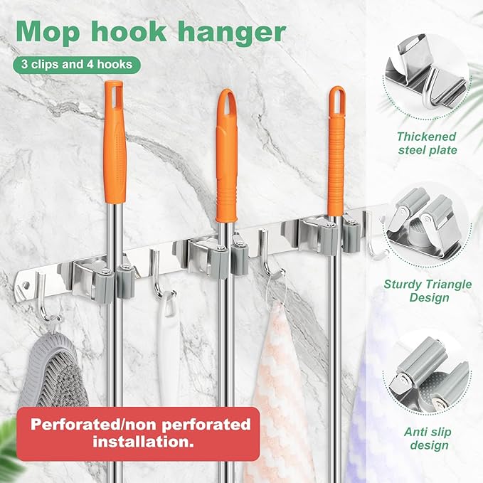 3 Pack Broom Holder Wall Mount 3 Racks 4 Hooks Stainless Steel Broom Mop Holder Anti Slip Storage Rack Strong Load Bearing Waterproof Broom and Mop Organizer Wall Hanging for Bathroom Kitchen Garage