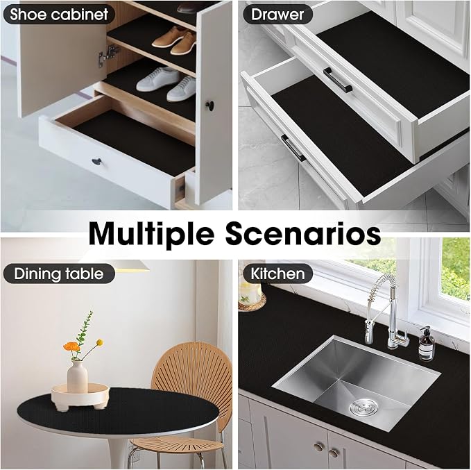 Drawer and Shelf Liner, Non-Slip Kitchen Cabinet Liners Non-Adhesive Thick Strong Grip Waterproof Washable Mats Protect Dresser Shelves Cupboard Bathroom Cabinets, Black, 18 in X 10 FT