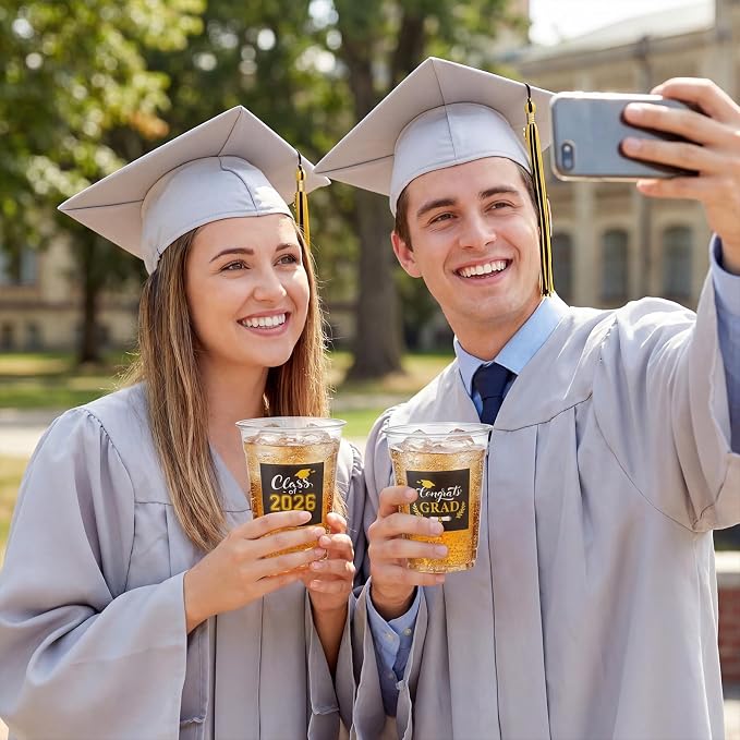 Amyhill 100 Pack 12oz Graduation Cups 2026 Graduation Decorations Disposable Plastic Cups Sturdy&Durable Drinkware for Class of 2026 Decorations Congrats Grad Party Favors Supplies (Black)