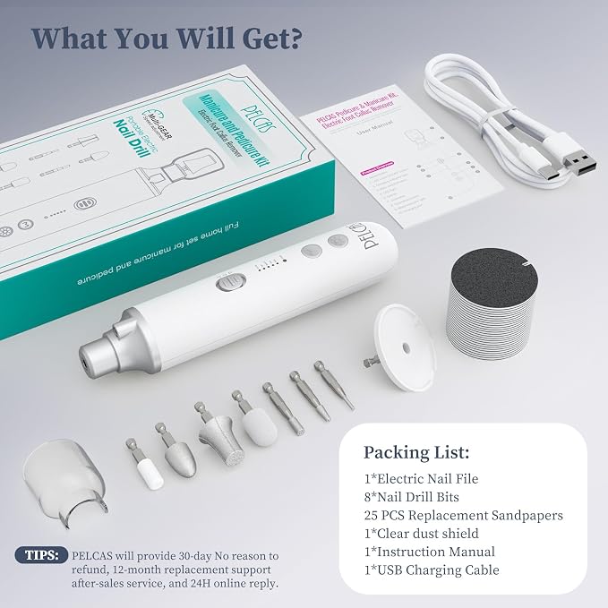 PELCAS 8 in 1 Electric Nail Filer with LED Light, Cordless Nail Drill, 5 Speeds Toenail Grinder for Thick Toenails, Manicure & Pedicure Kit for Foot Callus, Toenail, Thick Nails, Finger Nails Silver