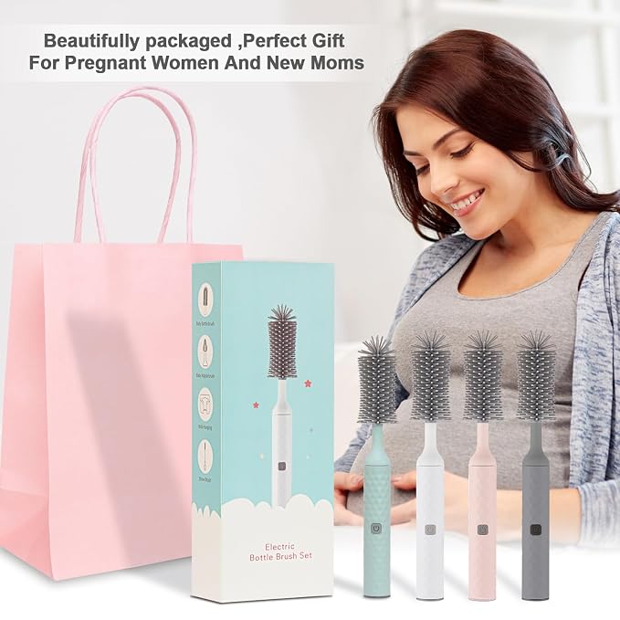 Electric Baby Bottle Cleaner Set - Rechargeable, Silicone Bottle Brush, Nipple & Straw Cleaner. Waterproof Spinning Brush, Essential Cleaning Tools (Grey)