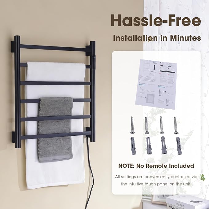 TRUSTMI Electric Towel Heated Rack, Wall Mounted 6 Bar Towel Warmer Cloth-Dryer with Built-in Timer and Temperature Indicator, 1-24 Hour, 115°F-155°F, Touch-On, Matte Black