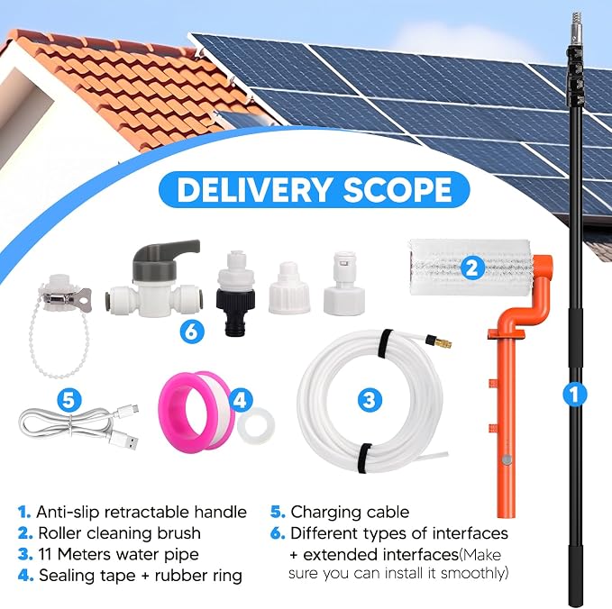 Electric Solar Panel Cleaning Brush and Pole, 20FT Telescopic Cleaning Roller Brush with Water Fed Pole,2 Hours Runtime, 2 Spin Speeds, for Solar Panlel, Outside High Window, Roof (Orange)
