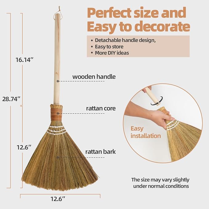 Detachable DIY Wedding Jump Broom Kit, African American Jumping the Broom Ceremony Decor, Collapsible Ceremonial Straw Broom with Faux Flower Bouquet, Lace Trim & Satin Ribbons, Pearls