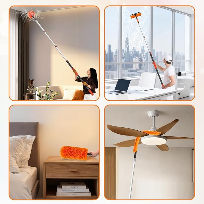 26FT High Reach Duster with Extension Pole 5-20FT, 4-in-1 Cleaning Kit with Universal Swivel Joint | High Ceiling Fan Cleaner, Cobweb Duster & Window Squeegee for Safe High-Reach Cleaning