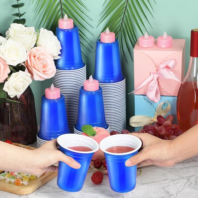 Sabary 100 Pack 12oz Blue Plastic Cups 250th Anniversary Heavy Duty Drinking Disposable Cups with Lines for Beverage USA Patriotic Holiday Camping Barbecues Birthday Party Outdoor Picnic