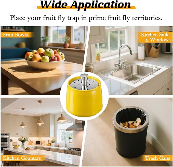 Ceramic Fruit Fly Trap for Indoors, Reusable Kitchen Fly Catcher with Stainless Steel Vent Lid, Uses Safe & Natural Vinegar Bait Trap, Dishwasher Safe, Easy to Use (Yellow,1 Pack)