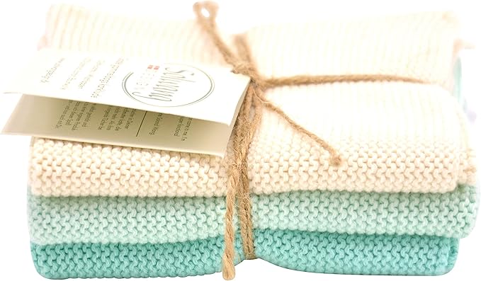 Solwang 3-Piece Danish Cotton Dishcloths in 100% Certified Organic Cotton Made in India (Nature/Aqua Combi) (Nature/Aqua Organic Combi)