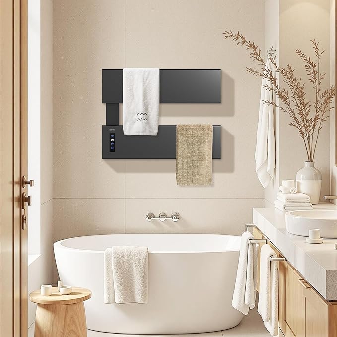 R FLORY Heated Towel Warmer Rack for Bathroom, Wall Mounted Towel Heater Dryer, Electric Towel Warmer, Built-in LED Screen, Plug in, Matt Black