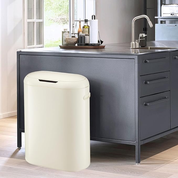 Takywep 13 Gallon Automatic Sensor Kitchen Trash Can, Kitchen Trash Can with Lid, Sensor-Activated Lid Garbage Bin Without Inner Bucket for Home, Office, Battery not Included, Cream White